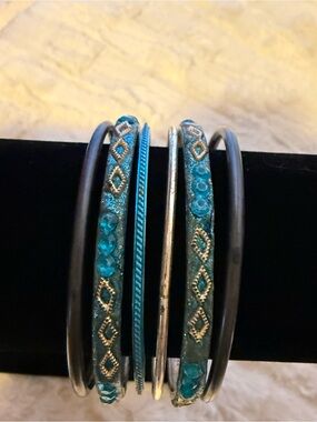 J10 Set of 6 Turquoise Blue Gold Silver Stackable Bangle Bracelets